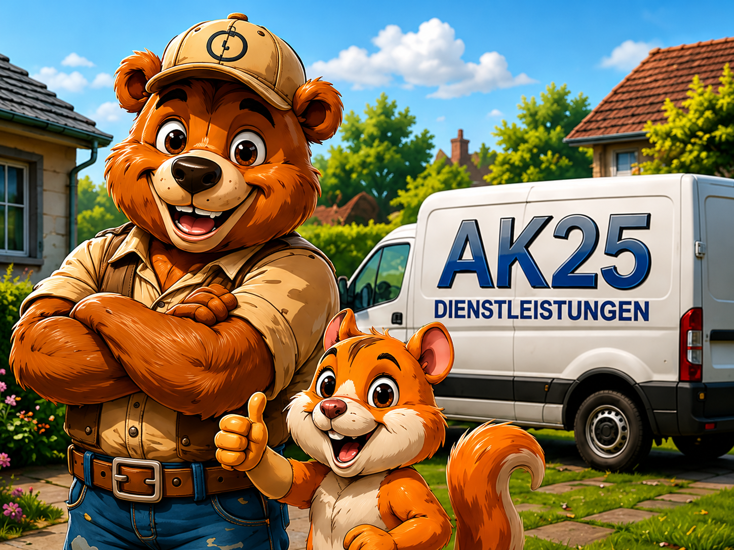 Comic-Bär mit Hammer als Symbol für zuverlässige Entrümpelung, Haushaltsauflösungen und Gartenarbeiten