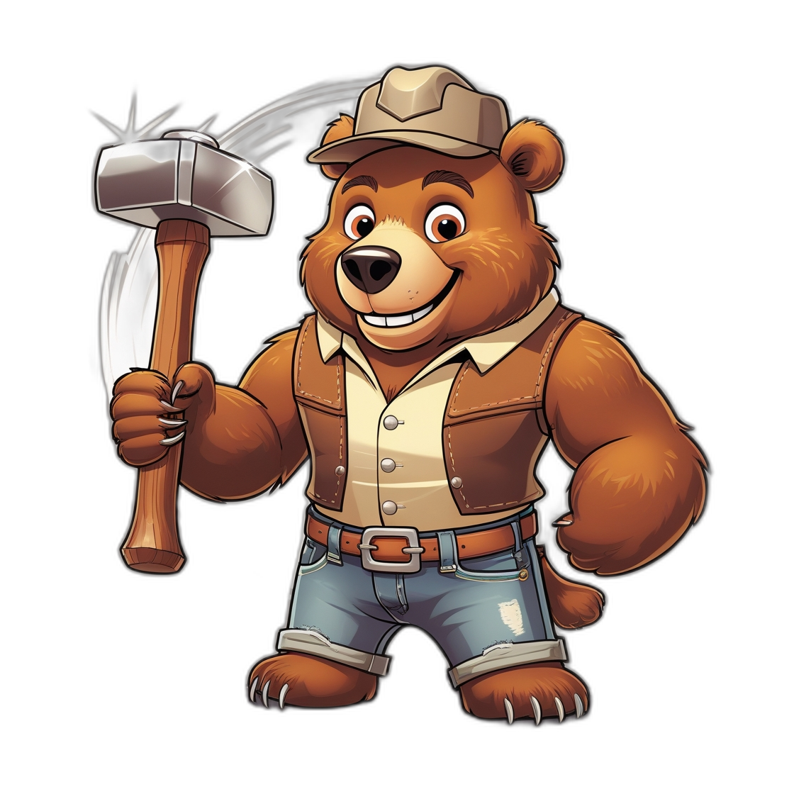 Comic-Bär mit Hammer als Symbol für zuverlässige Entrümpelung, Haushaltsauflösungen und Gartenarbeiten
